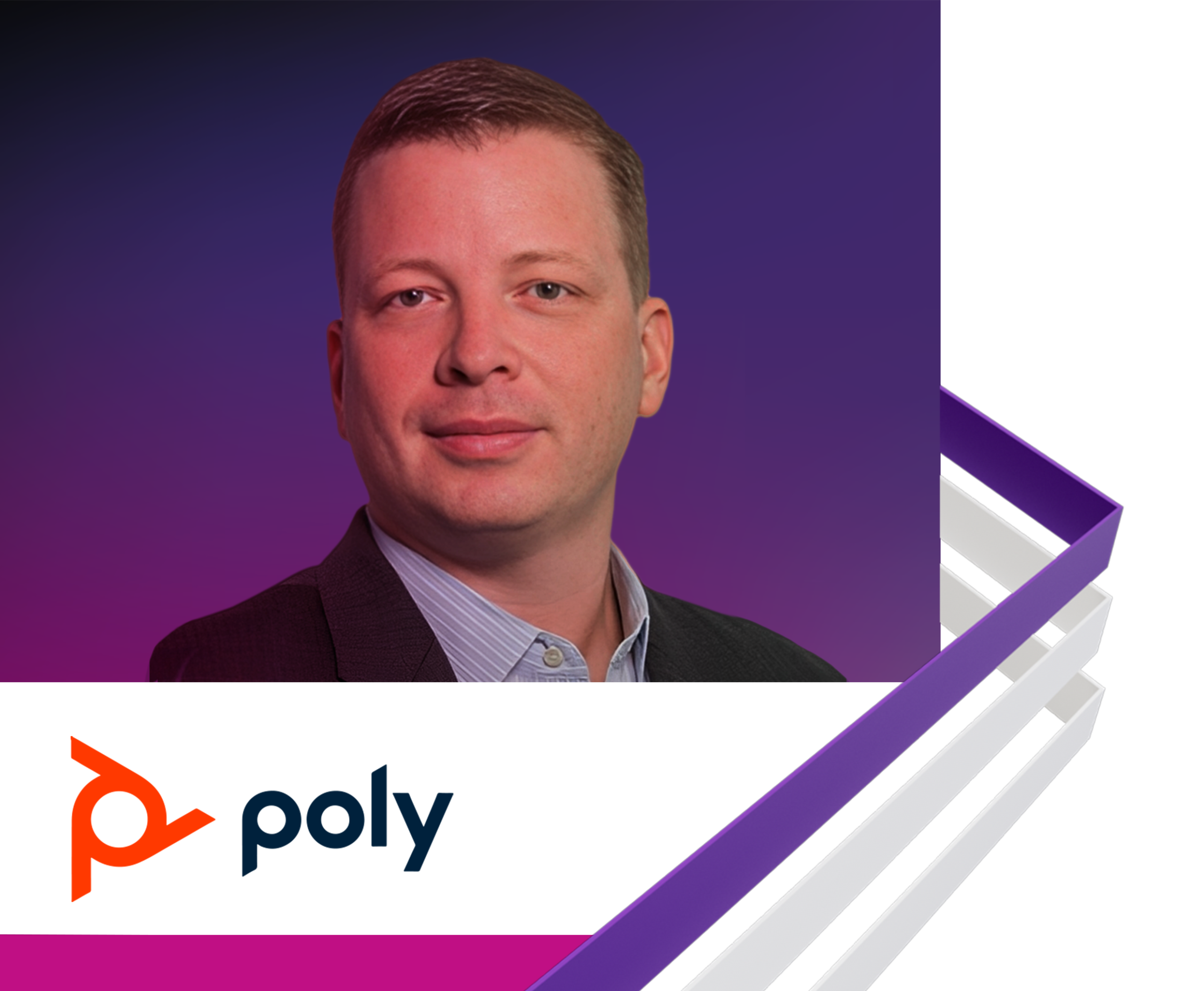 Coloured background with Poly logo and Jedd Williams headshot