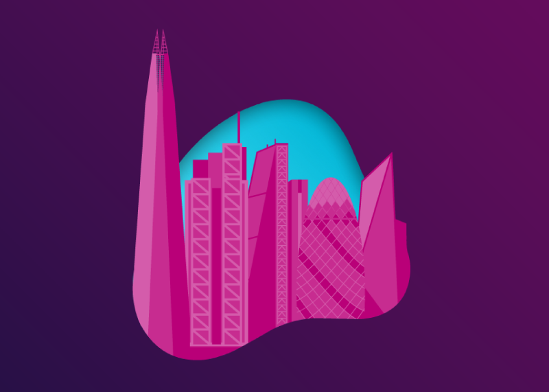 Illustrated buildings on purple background