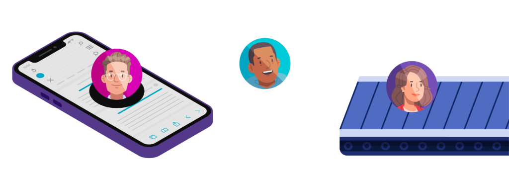 Illustrated profile heads on a mobile phone