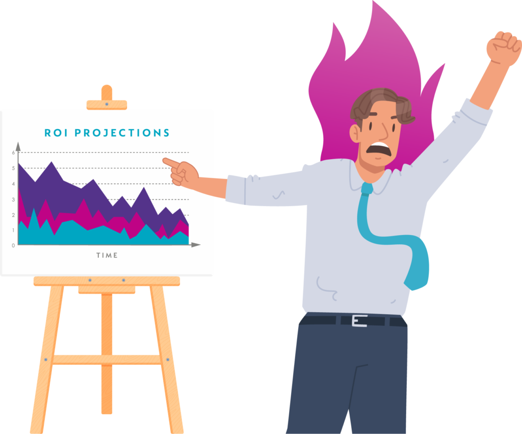 Illustrated character with whiteboard and text ROI projections versus time