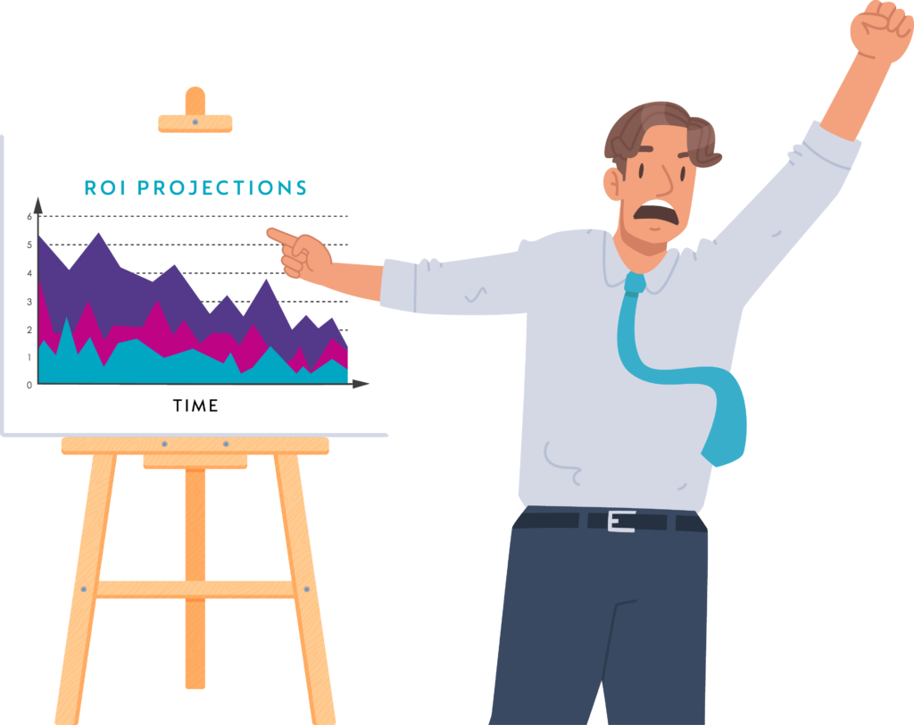 Illustration of B2B sales rep with chart comparing ROI projections and time