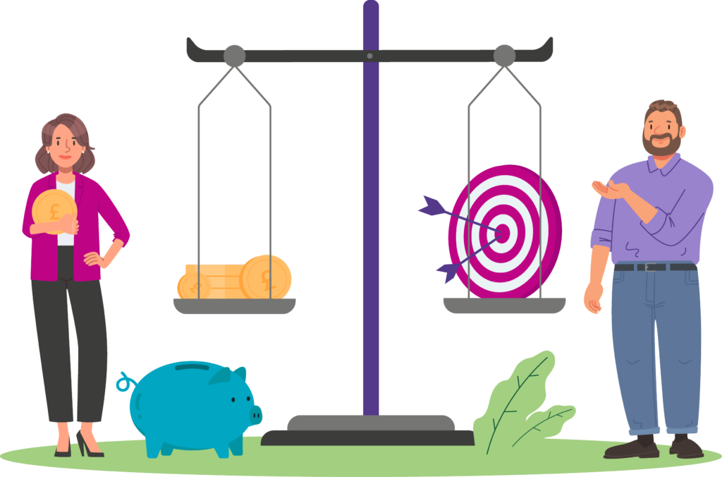 Illustrated characters weighing leads and money