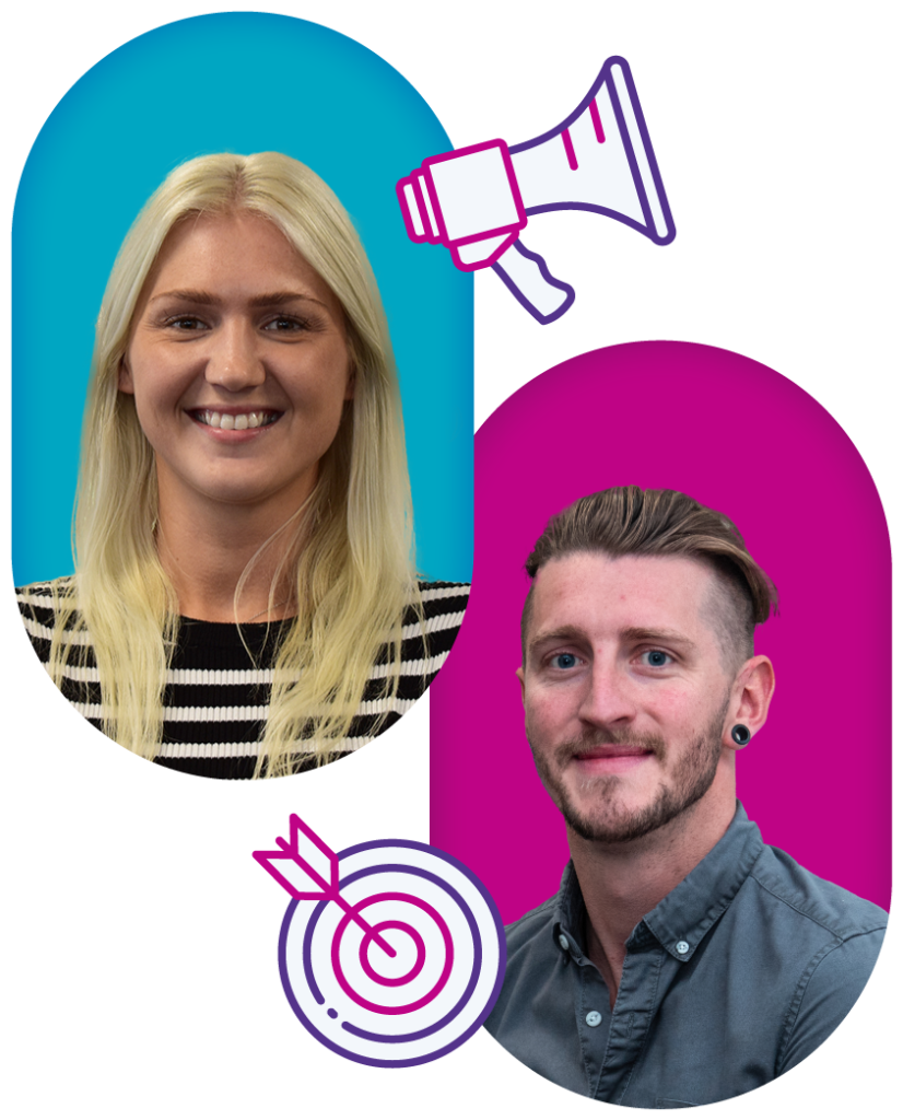 durhamlane sales reps on purple and blue backgrounds