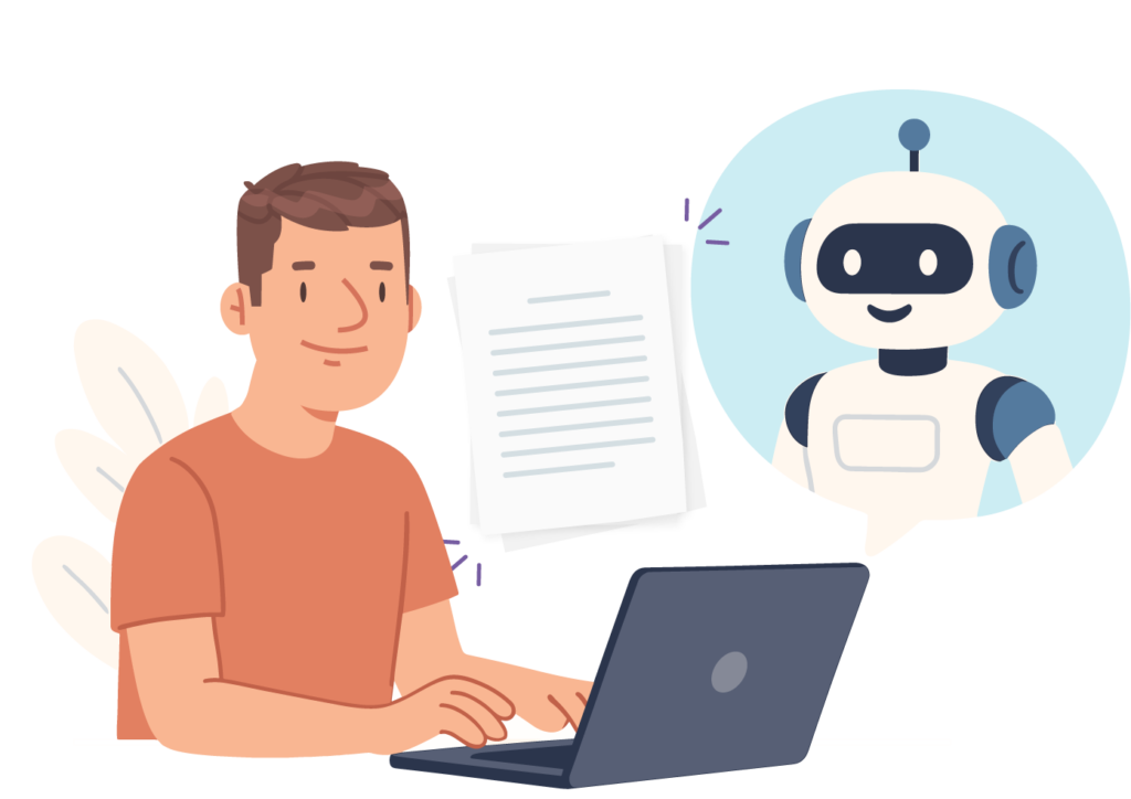 Illustrated character at laptop with AI robot behind him