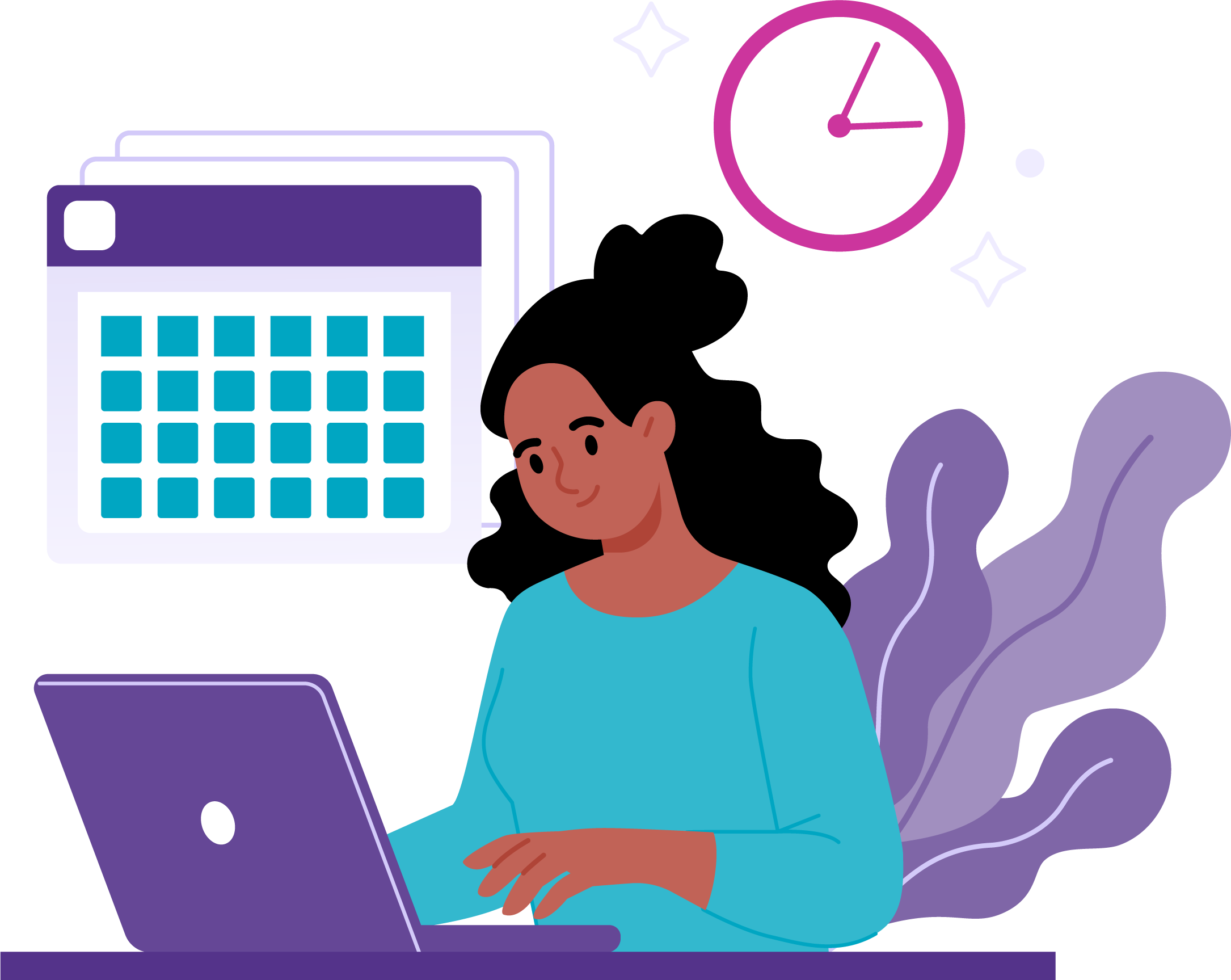 Illustration of character at desk with calendar and laptop