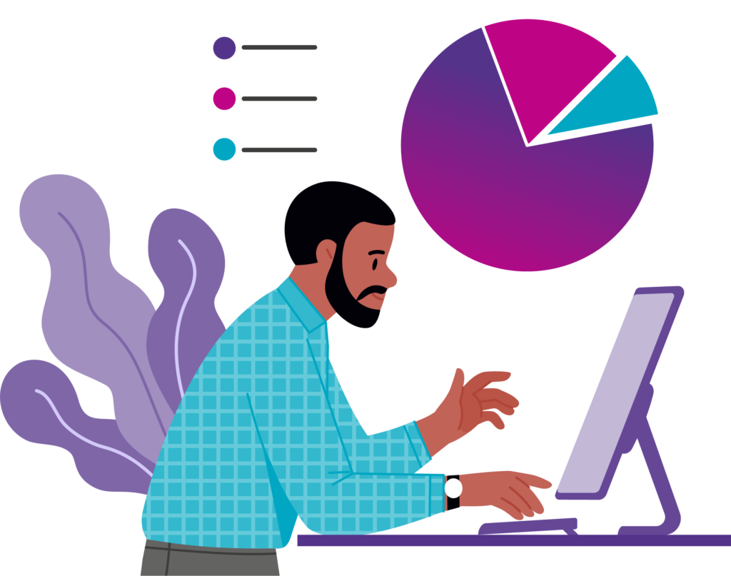 Illustration of character at desk with pie chart above