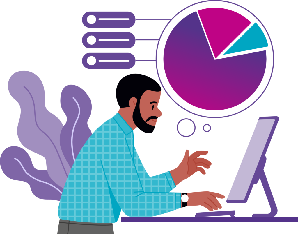 Illustration of a character sitting at a desk with a pie chart hovering overhead