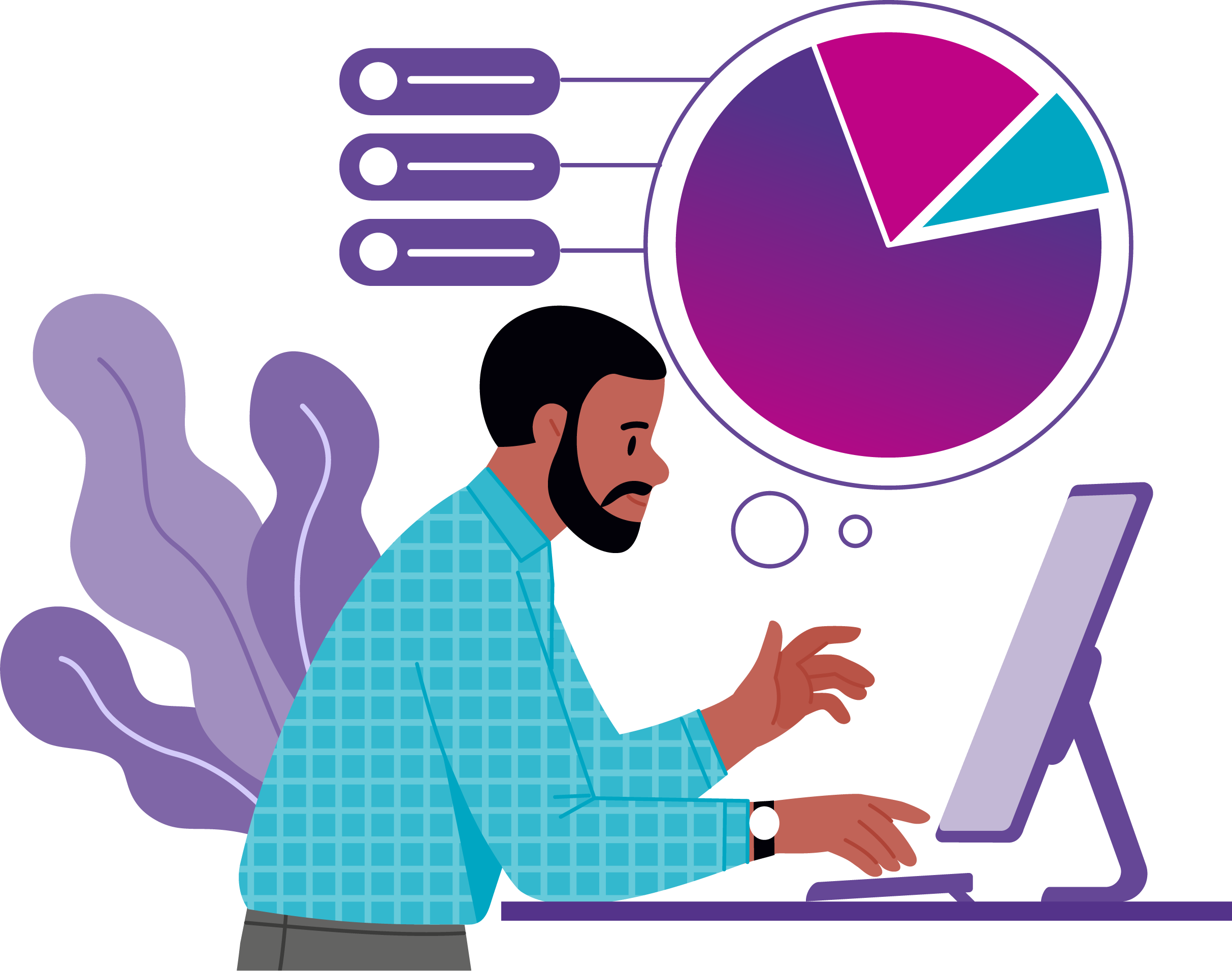 Illustration of a character sitting at a desk with a pie chart hovering overhead