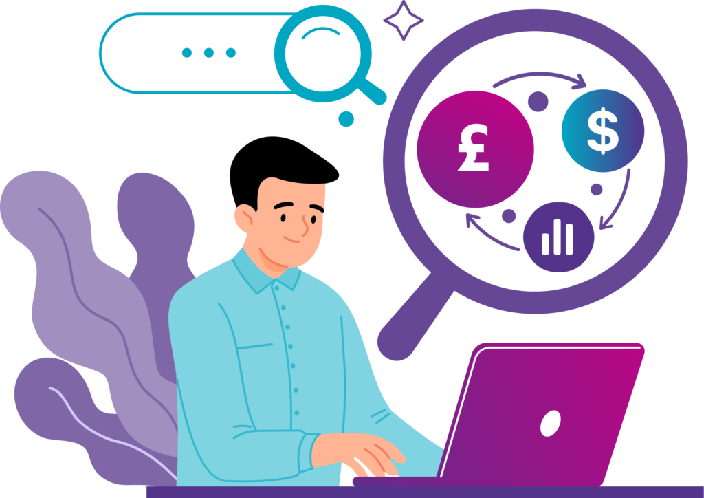 Illustrated character typing on laptop with magnifying glass showing currency symbols