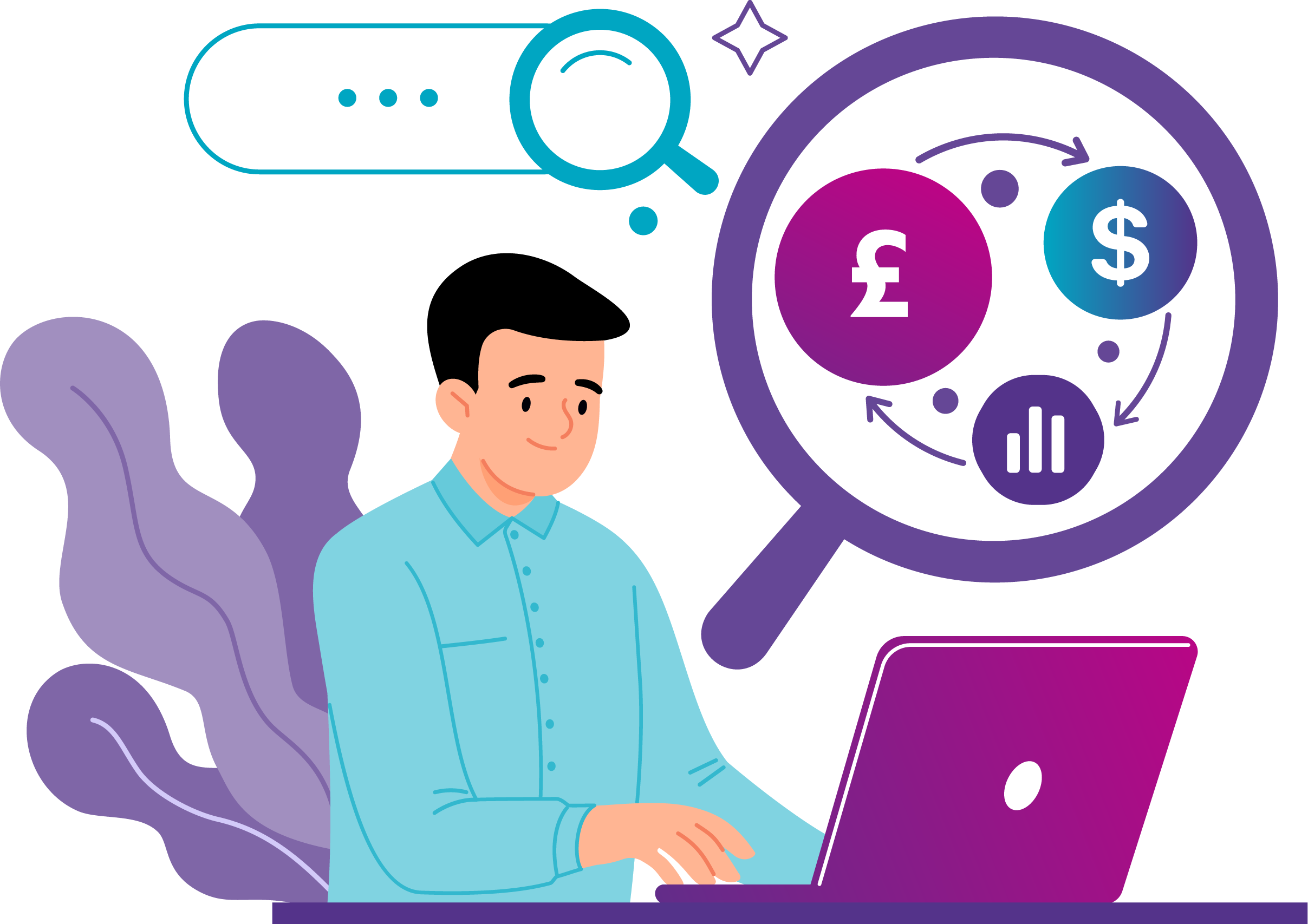 Illustrated character typing on laptop with magnifying glass showing currency symbols