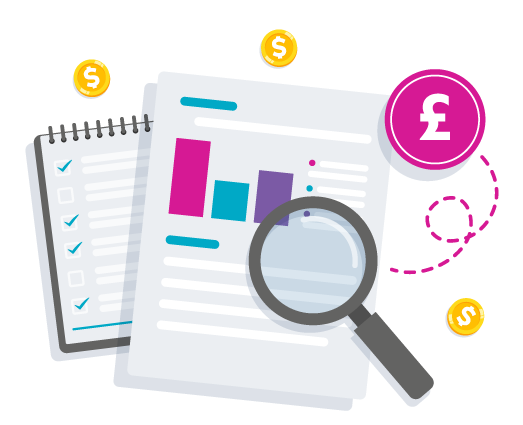 Illustration of magnifying glass over printed sales report