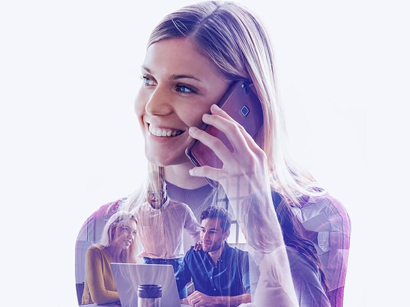Photograph of woman on mobile phone overlaid with graphic of office workers around a laptop