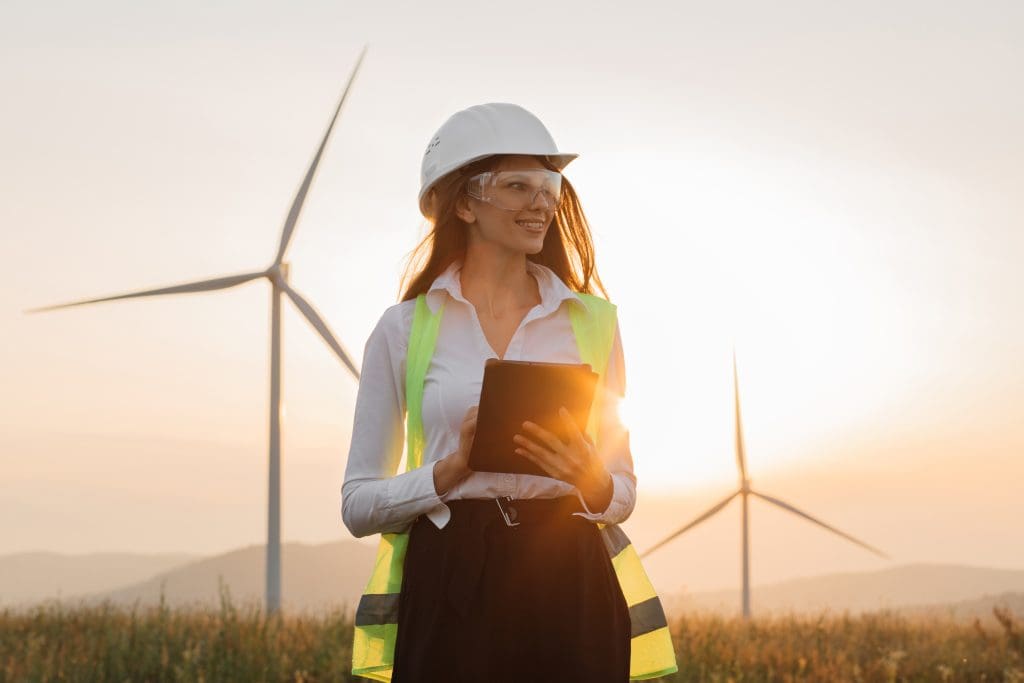 Woman in white helmet working with digital tablet at renewable energy farm. Female inspector controlling functioning of wind turbines outdoors.