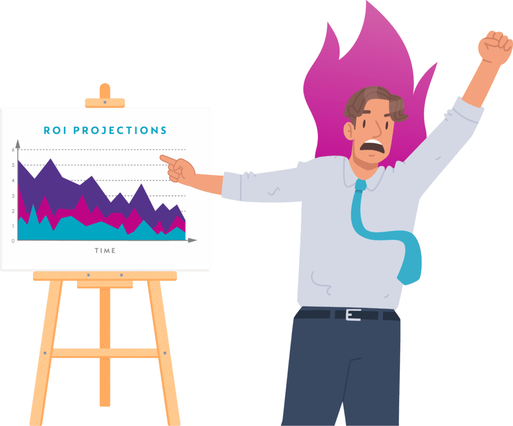 Illustrated character with whiteboard and text ROI projections versus time
