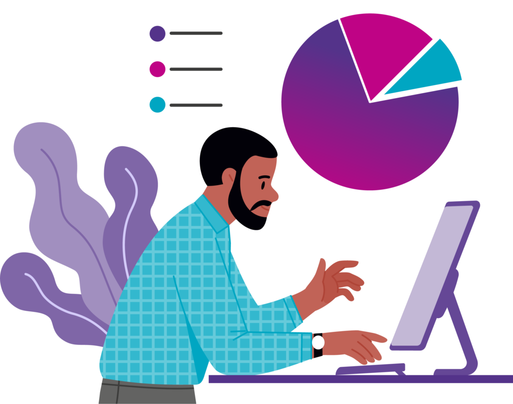 Illustration of character at desk with pie chart above