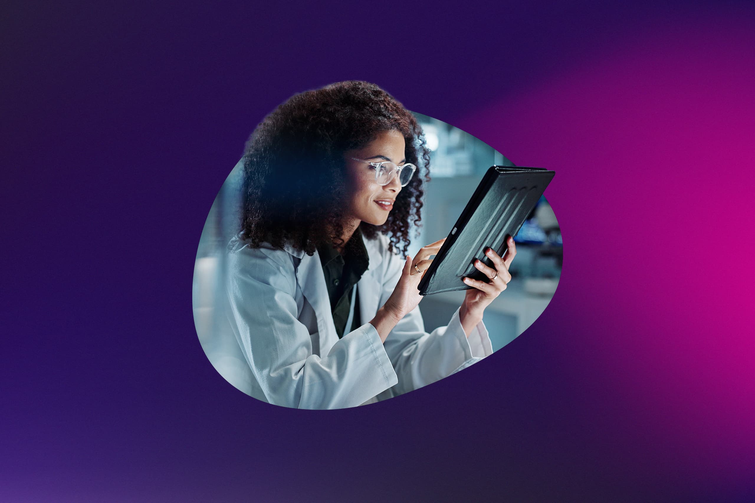 Coloured background with scientist using tablet